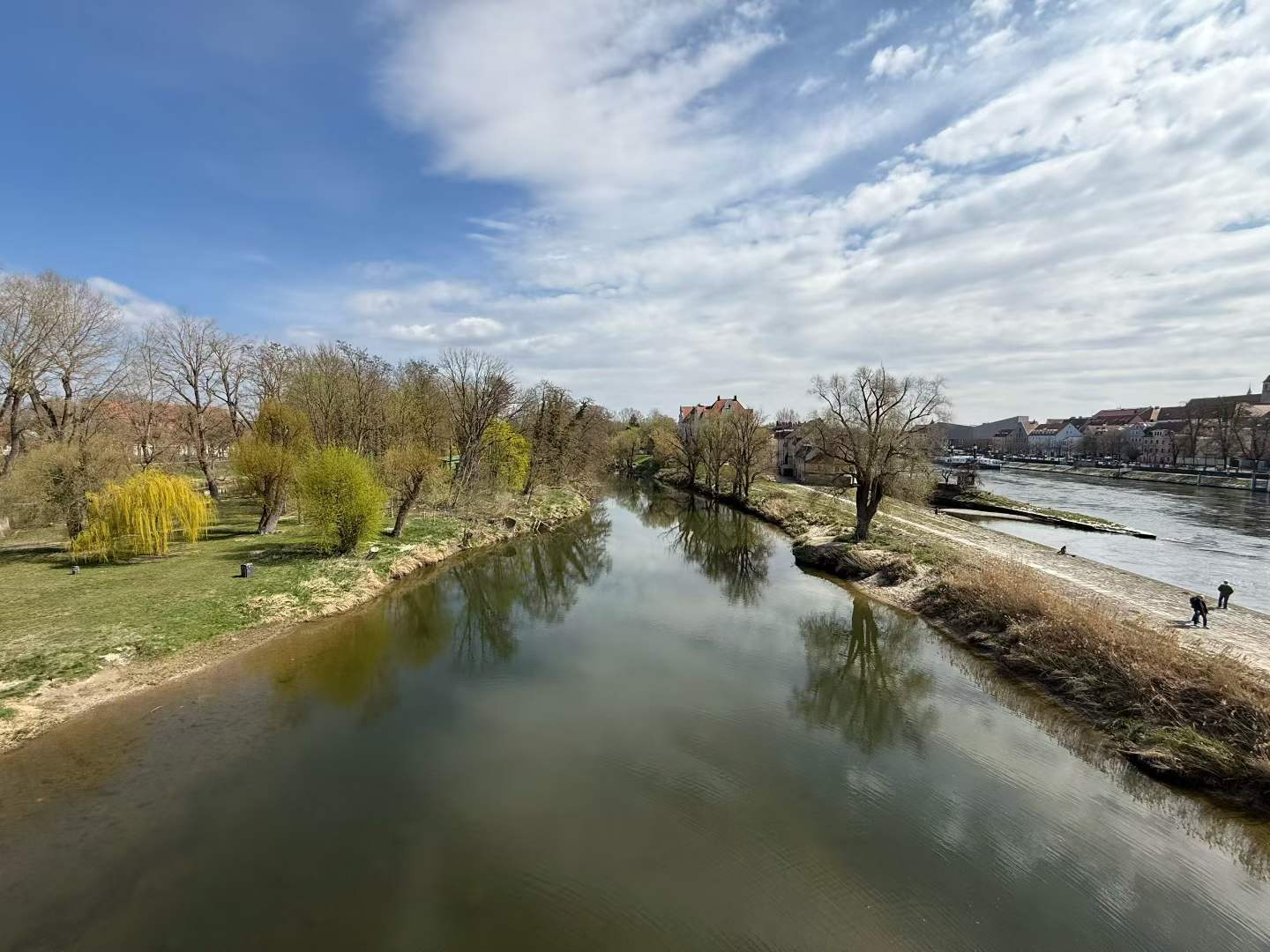 River scenery in Regensburg on one of our Bayern-Ticket day trips from Munich.