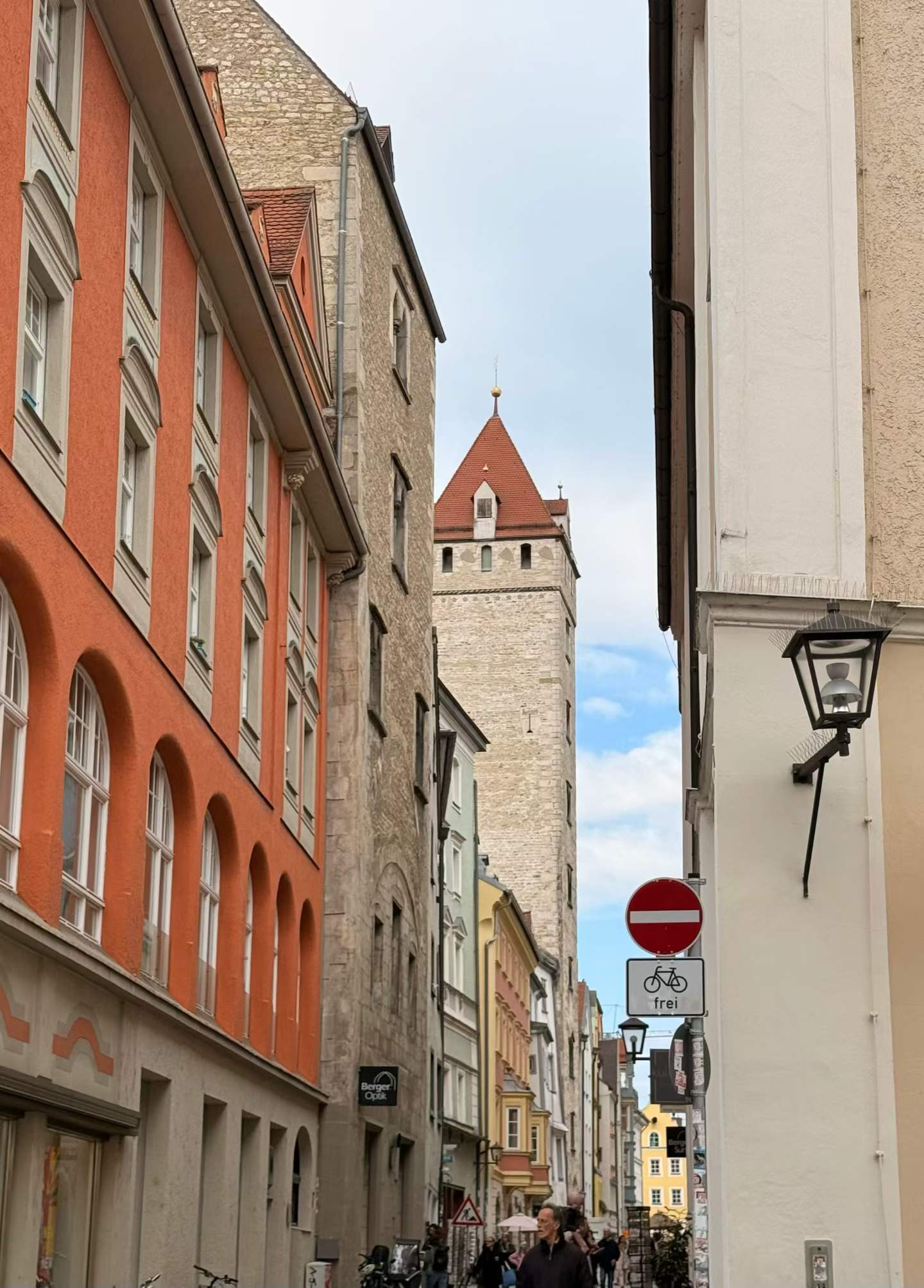 A lane in Regensburg’s old town, which felt flatter and calmer than many similar historic centers.