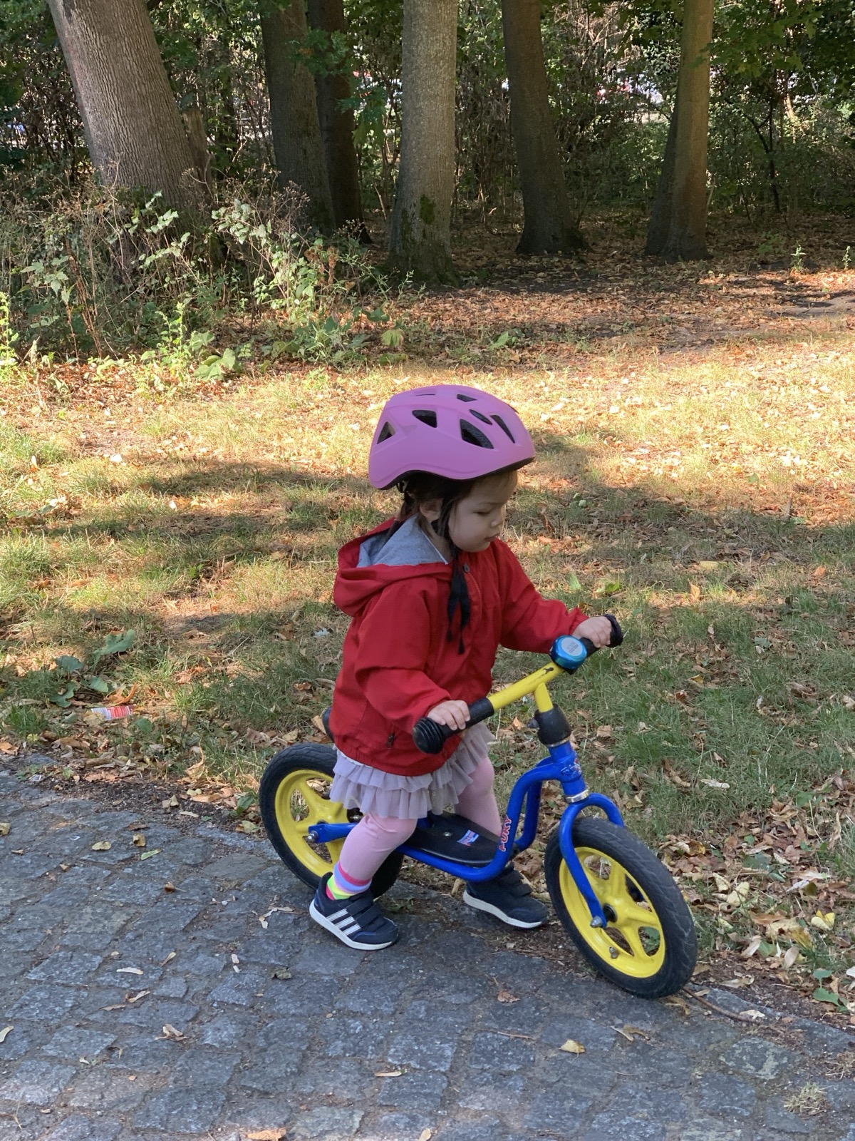 Meine Tochter fährt mit dem Laufrad auf einem Kopfsteinpflasterweg neben Bäumen.