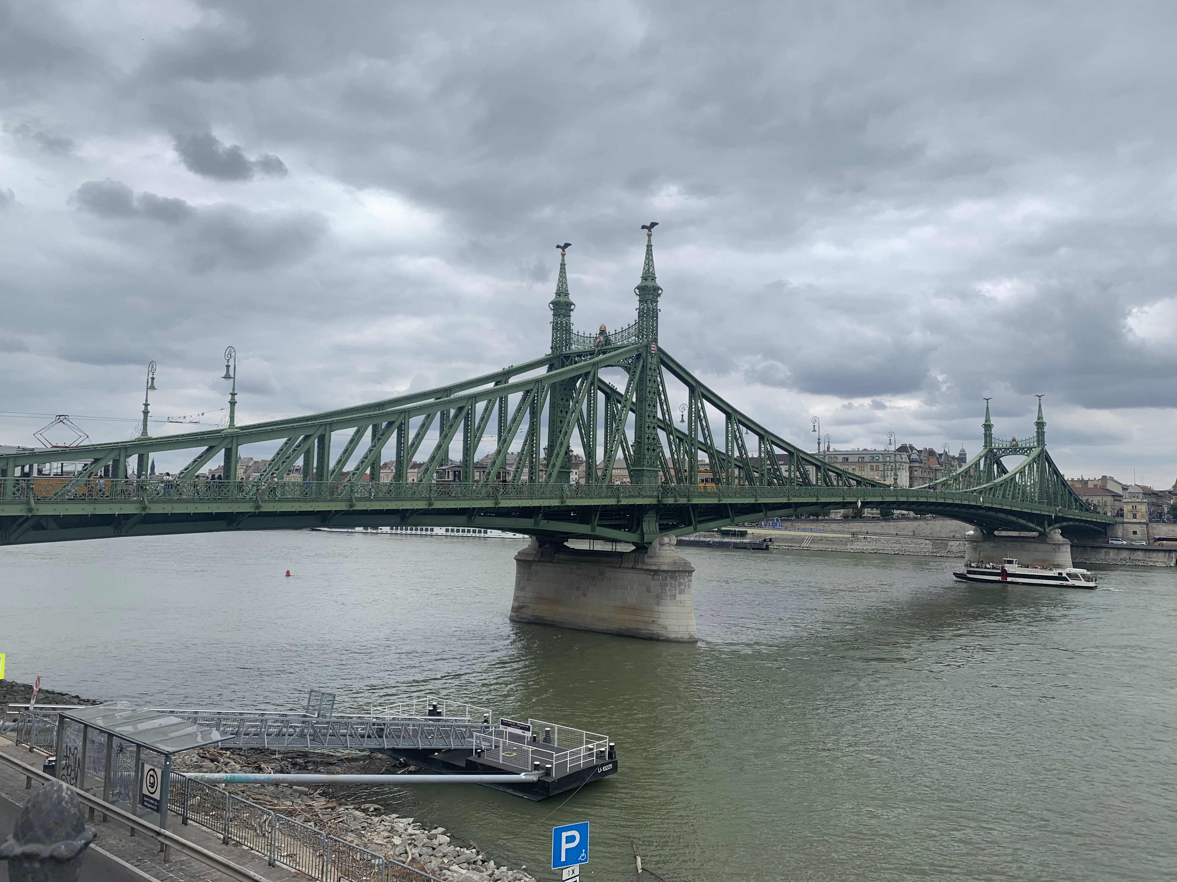 Liberty Bridge over the Danube after our Central Market stop, a smooth stroller-friendly crossing on the Pest-to-Buda edge of the day.