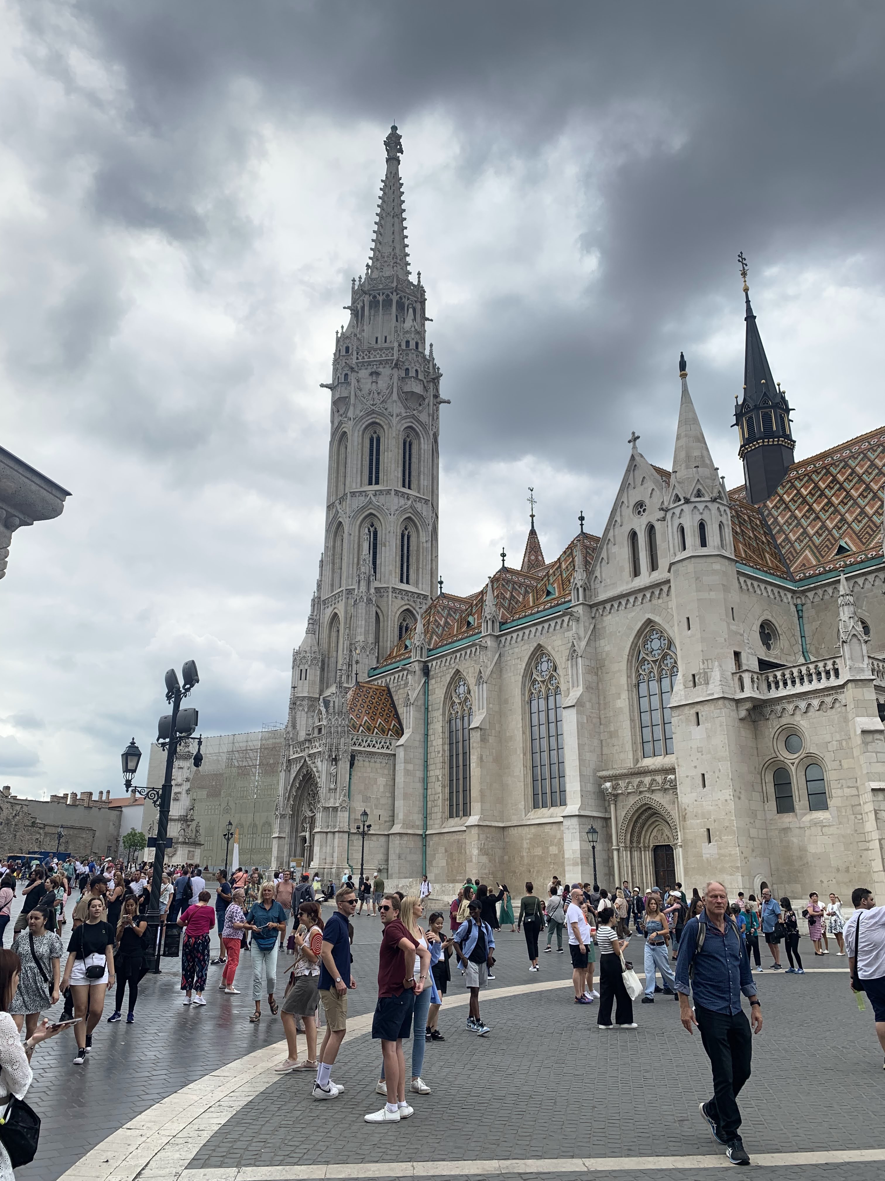 Matthias Church and the busy square by Fisherman’s Bastion, where timing matters if you want calmer photos with children.