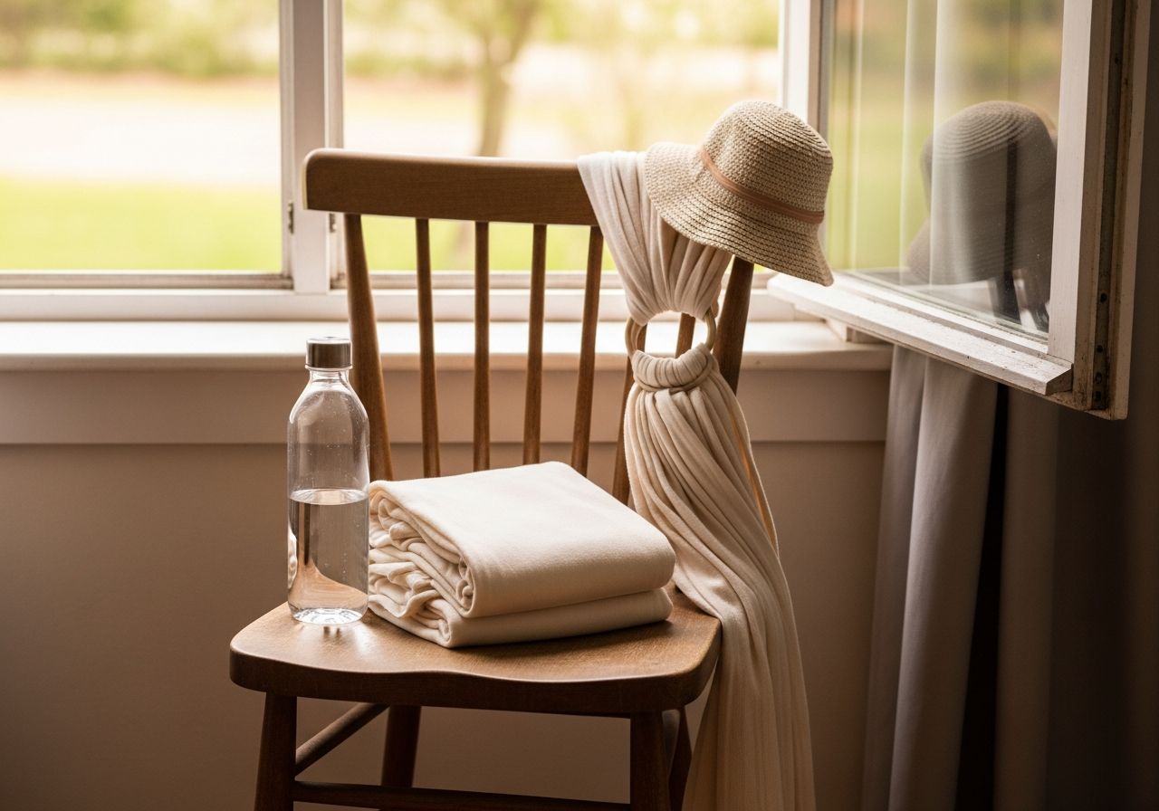 A folded baby wrap and ring sling beside a water bottle and sun hat by an open window.