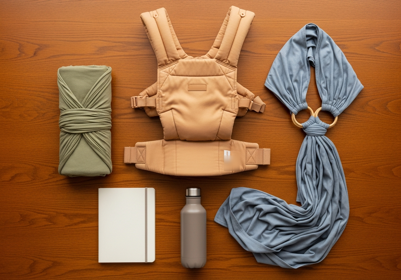 A wrap, soft structured carrier, and ring sling laid out side by side on a wooden table.