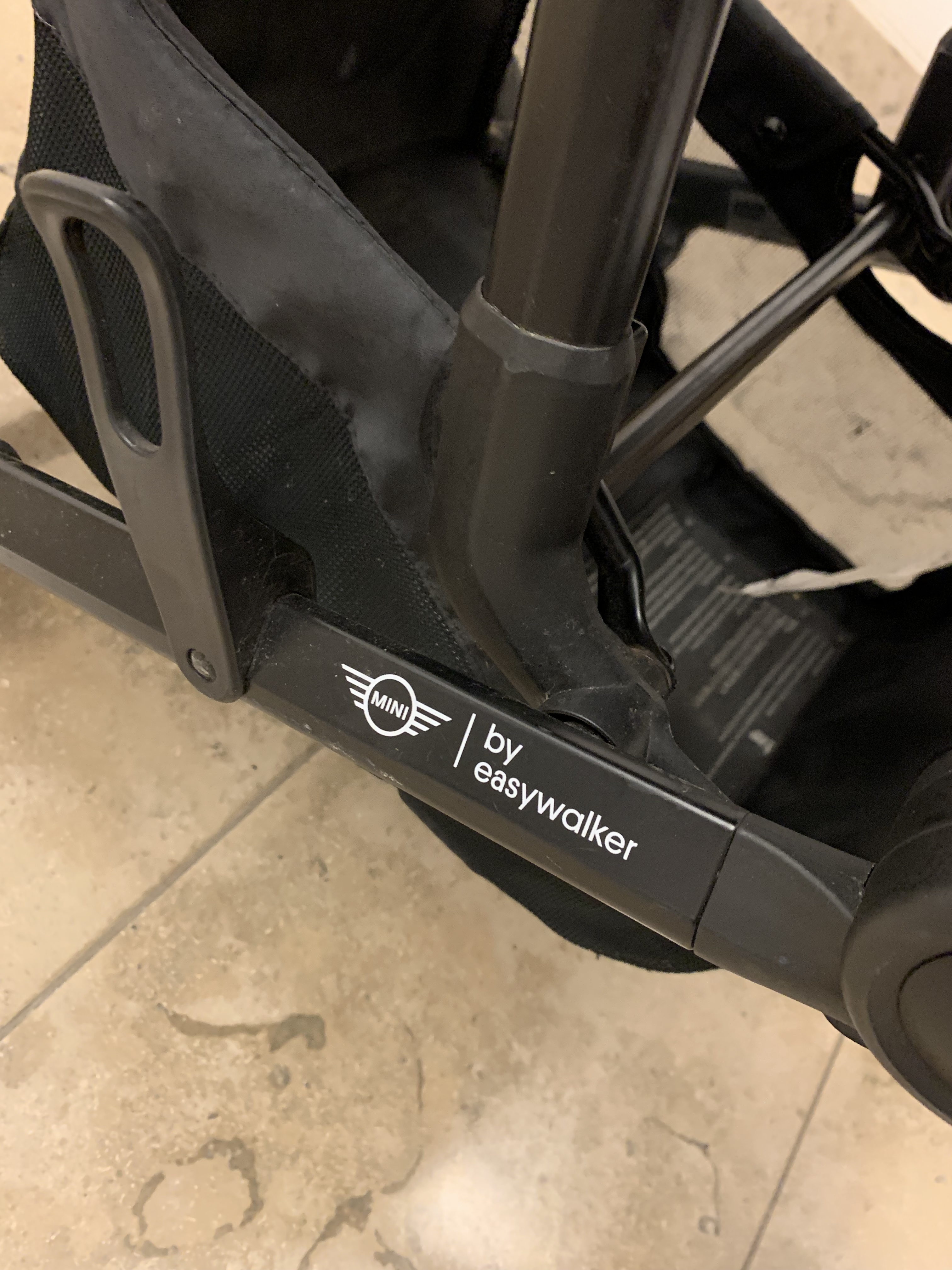A close view of the Easywalker Buggy XS branding and lower frame, useful when checking a second-hand stroller’s condition.