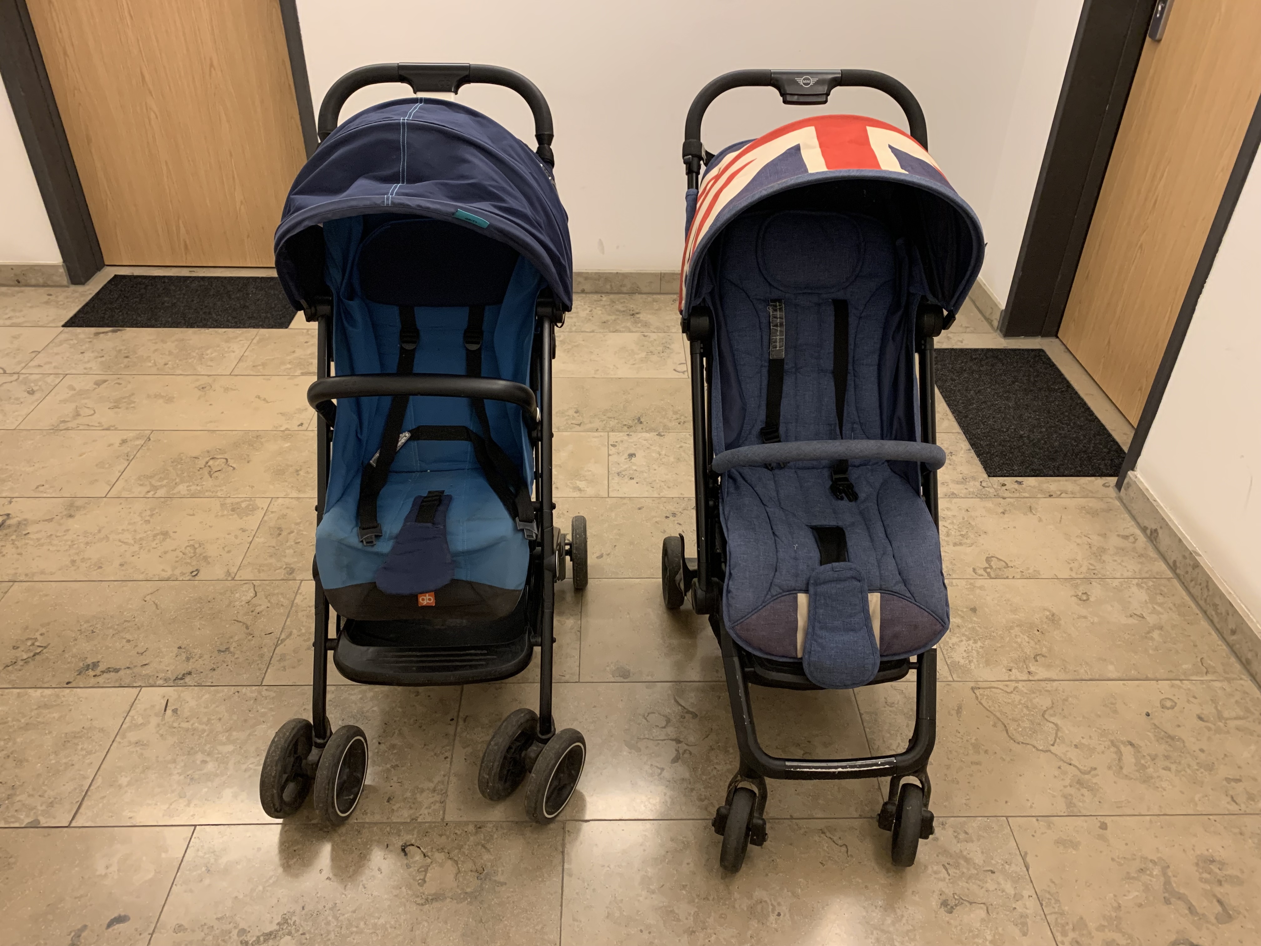The GB Qbit+ and Easywalker Buggy XS standing side by side in our hallway.