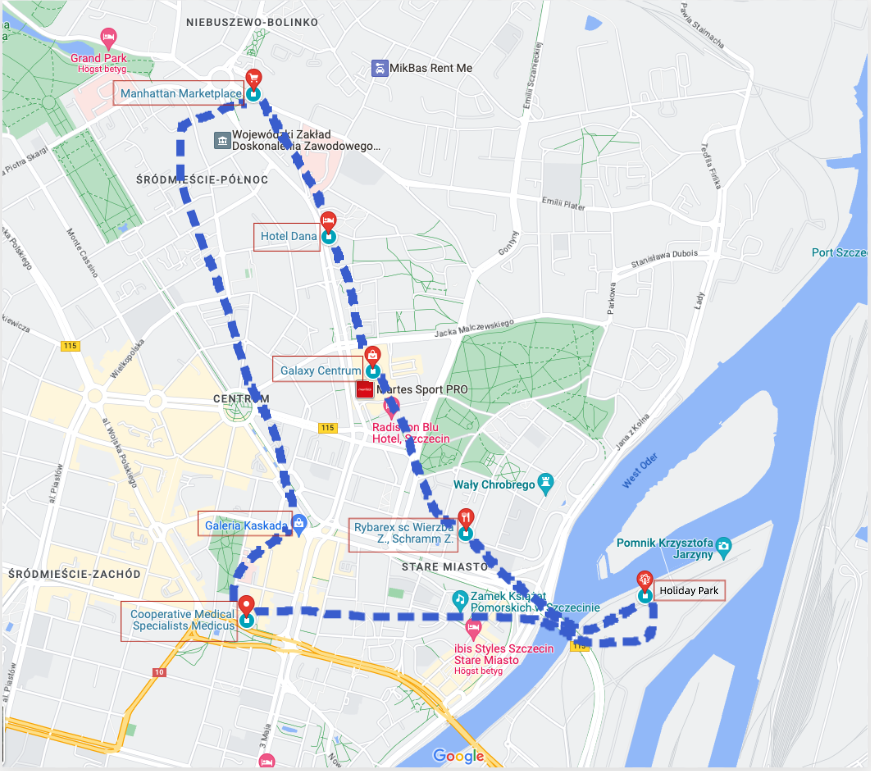 Karta som visar hur vi gick runt i Szczecin.