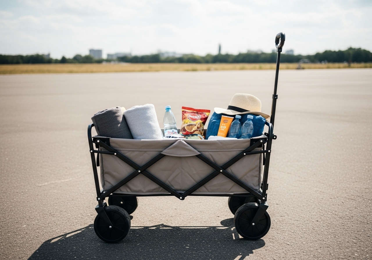 Un chariot pour enfants avec couvertures, serviettes, goûters, bouteilles d’eau et affaires d’été au Tempelhofer Feld à Berlin.